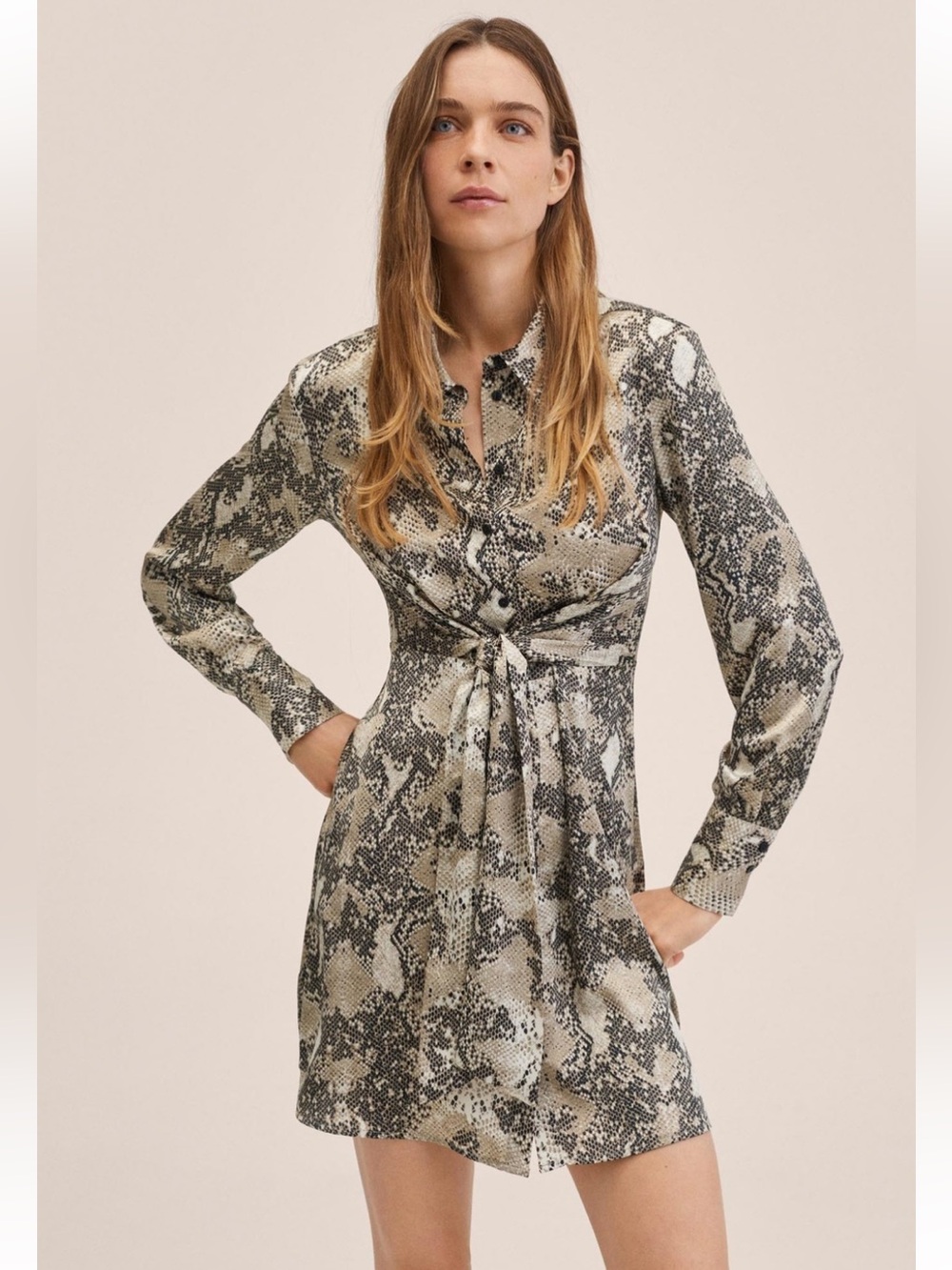 EUC MNG Neutral Snake-Print Button Down Tie-Waist Dress Elastic Back Waist - Picture 9 of 14
